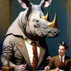 Surreal rhinoceros in suit and bowler hat with man, desk, gramophone