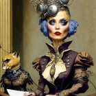 Woman with elaborate hat and stylized makeup in vintage setting with cat in glasses and ruff.