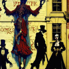 Macabre carnival scene with central figure in red and blue costume and skeletal figures.