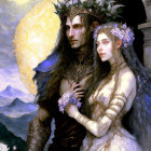 Fantasy couple in dark armor and floral attire against mystical backdrop