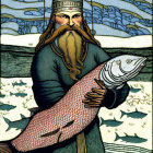 Illustration of bearded man in traditional garb with large fish in stylized river setting