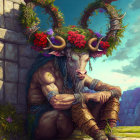 Fantasy illustration: Minotaur with flowers and jewelry by stonework castle