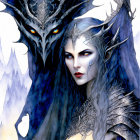 Fantasy elf in silver armor with two dragon-like creatures