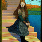 Colorful painting of young girl on steps in stylized landscape