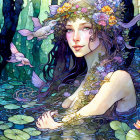 Woman with floral crown submerged in tranquil pond surrounded by greenery and water lilies