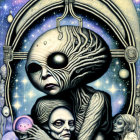 Illustration of alien and humanoid figures in cosmic setting