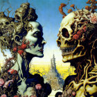 Surreal painting of figures with floral-skeletal faces in desert scene