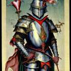 Medieval knight in golden armor with lance, heart, and flowers.