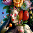 Surrealist painting featuring female faces with colorful fruits, flowers, and insects