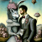 Man in suit with wolf-headed beings in whimsical painting