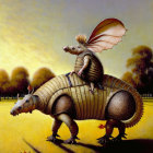 Surreal painting of person riding giant armadillo at twilight