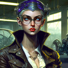 Blue-haired female character in leather jacket and goggles in futuristic workshop