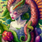 Colorful Serpent Woman in Surreal Foliage Scene