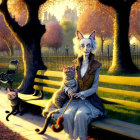 Cat-like humanoid figure on park bench with two cats in autumnal setting