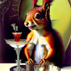 Illustrated squirrel in formal setting serving cocktail with cherry on clock face background