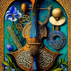 Intricate Blue and Gold Stringed Instrument with Floral Motif