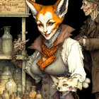 Anthropomorphic fox in vintage clothing with jars, observed by human patron