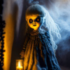 Creepy doll with yellow eyes in vintage blue dress by candle.