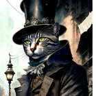 Anthropomorphic Cat in Top Hat and Victorian Attire with Smaller Feline in Vintage Setting