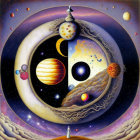 Surreal cosmic yin-yang symbol with planets, stars, galaxies, and robed figure