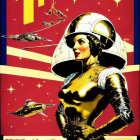 Vintage Sci-Fi Poster: Stylized Woman in Gold Space Suit with Futuristic Planes