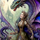 Regal woman with crown and dragons in mystical forest