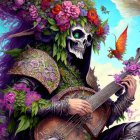 Colorful skeletal figure with flowers and armor playing an instrument under blue sky