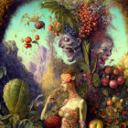 Surreal painting of figures blending with flora and fruit in vibrant forest