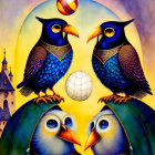 Vibrant owl family playing with ball in whimsical cityscape