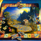 Fantasy landscape painting with board game layout and castle at sunrise/sunset