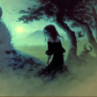 Girl in dark dress gazes at mystical landscape with horned creatures in hazy, greenish ambiance