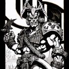 Menacing fantasy warrior in black and white illustration