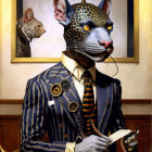 Steampunk cat in striped suit writing at desk with portrait in background