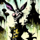 Stylized anthropomorphic rabbit in fanciful attire with whimsical background