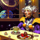 Elderly woman in futuristic attire at cosmic tea party