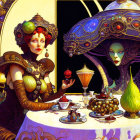 Cosmic-themed artwork features elegant woman in golden dress with fantastical artifacts.