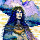 Mystical woman with blue hair and crown in golden jewelry on purple clouds backdrop