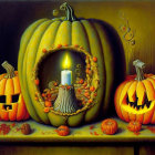 Whimsical painting of large pumpkin with doorway and lit candle surrounded by jack-o'-lanterns