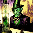 Grinning character in top hat with green face beside swirling green substance in cylinder against gothic backdrop