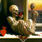 Skeletal figure with golden cranium holding rose by window at sunset