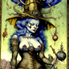 Blue-skinned woman in steampunk attire with clock and lanterns