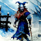 Colorful jester in winter landscape with falling snow.