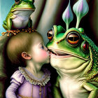 Young girl in purple dress kissing anthropomorphic frog with floral-adorned smaller frogs.