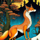 Illustration of two foxes in snowy landscape with starry sky