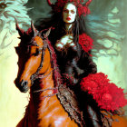 Dark-haired woman in red horned headdress rides horse near misty castle