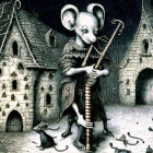 Medieval-themed anthropomorphic mouse playing bagpipe in village scene