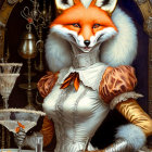 Humanoid fox in 18th-century dress with serving tray and ornate background