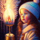 Young girl in winter attire with ornate lantern and magical flame against starry night.