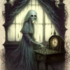 Skeletal ghost in dress with clock and candles in gothic room