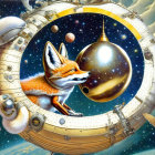 Colorful Steampunk Fox in Circular Spacecraft Scene